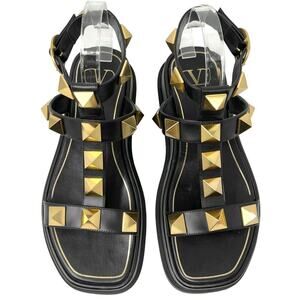 Valentino Garavani Roman Stud Black Leather Platform Sandals – Size 38
